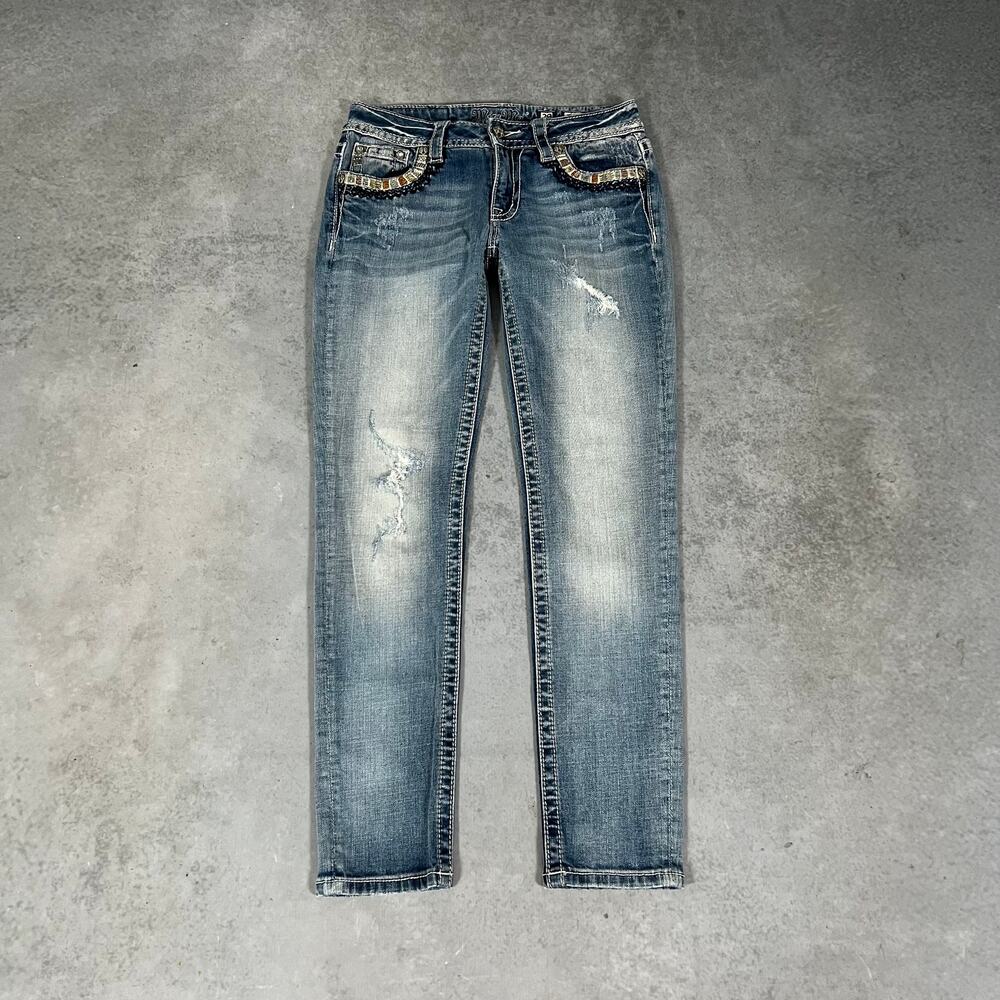Miss Me Mid Rise Skinny Jeans Distressed Blue Embellished Studded - Size: 29